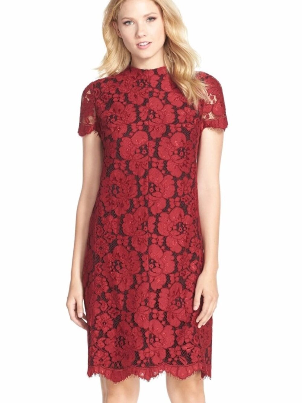 Betsey Johnson Size 14 Mock Neck Short Sleeve Red Lace Sheath Dress
